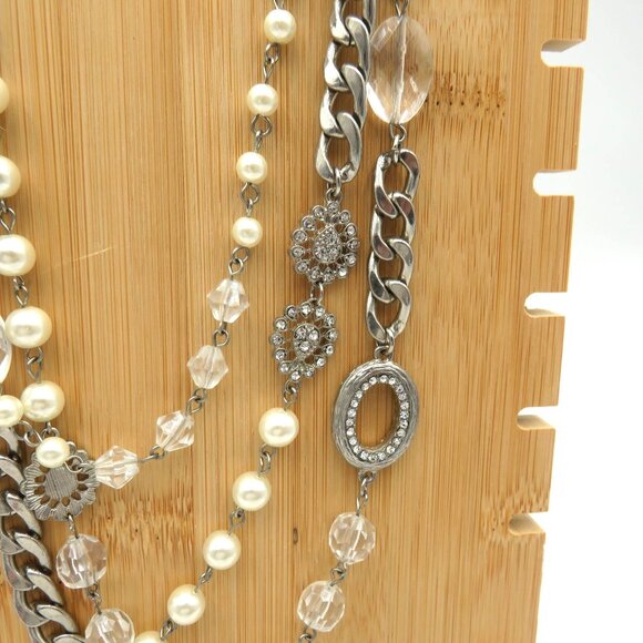 Layered Necklace 22" Silver Tone Chain Imitation Pearls Lucite Beads Multi Layer - Picture 11 of 13